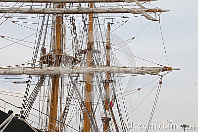 The three masted Palinuro, a historic Italian Navy training barquentine, moored in the Gaeta port. Editorial Stock Photo